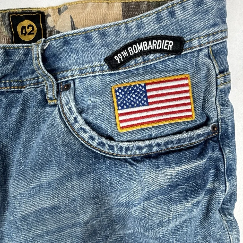 Akoo 99th Bombardier Blue Denim Mens Jean Shorts 42X11 Camo Patchwork Street EUC
